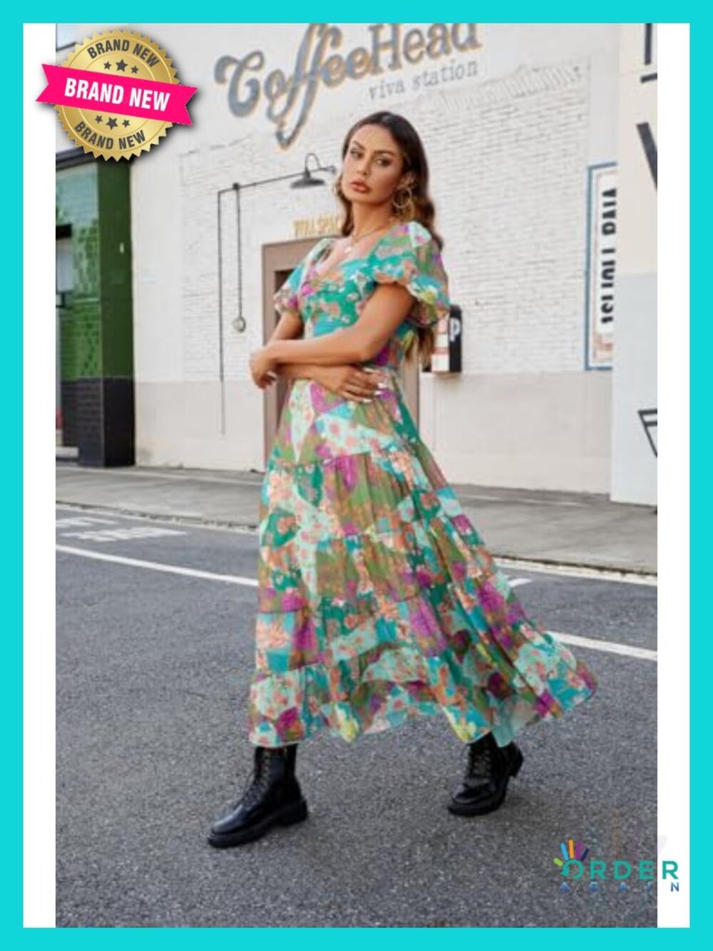 Floral Maxi Dress Short Puff Sleeve V Neck Bohemian Flowy Smocked Casual - Picture 3 of 6